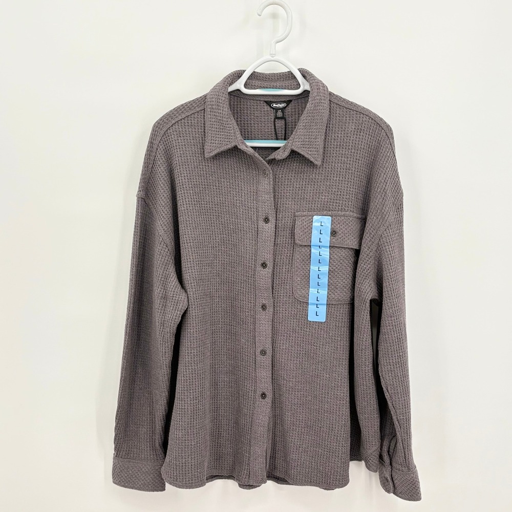 Buffalo Jeans Waffle Button Up Shirt Heather Rock Gray Large New NWT Long Sleeve